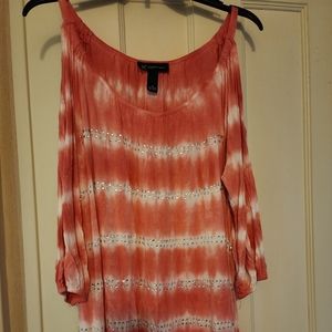 INC 1X Pink & White Stripped Cold Shoulder Blouse With Embellishments